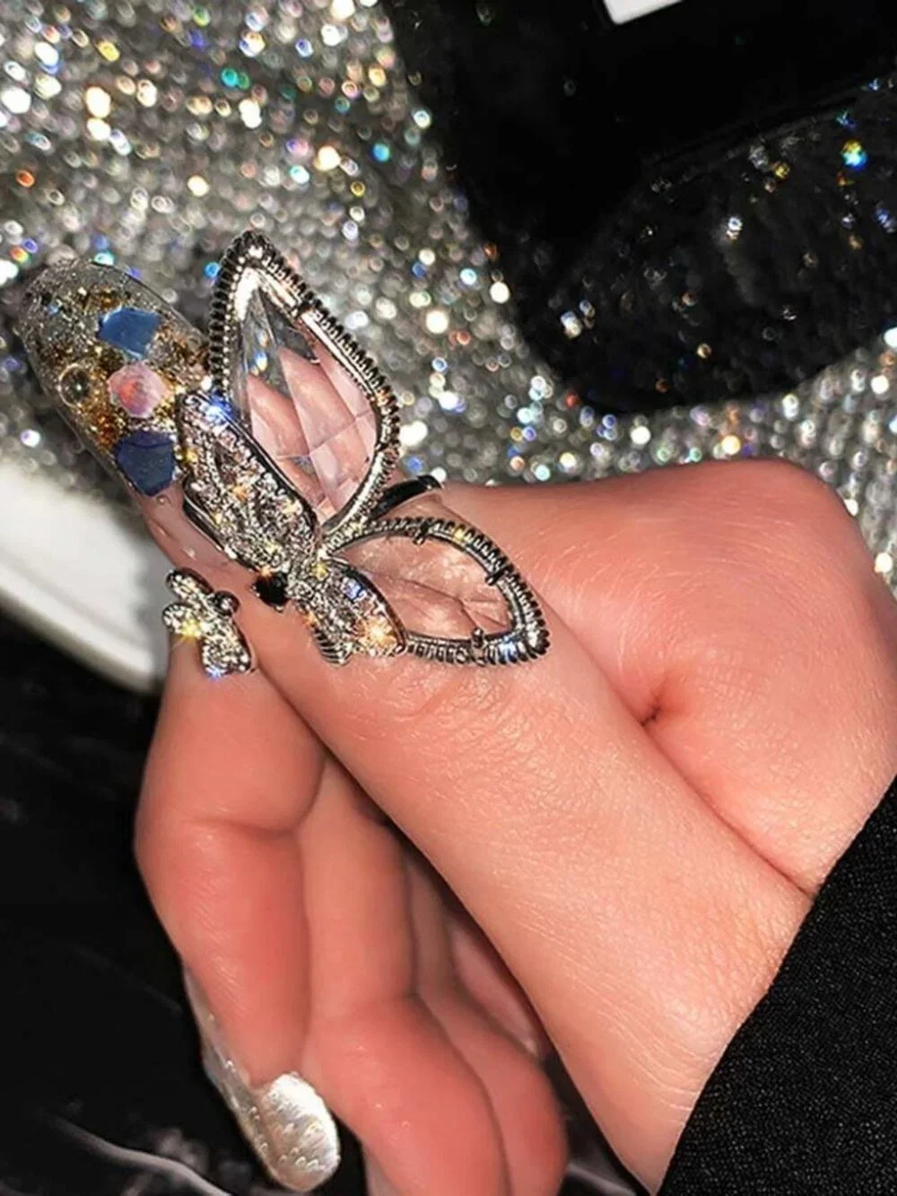 Sparkly Butterfly Ring Sliver Bling Rhinestone Knuckle Rings Adjustable Ring Jew